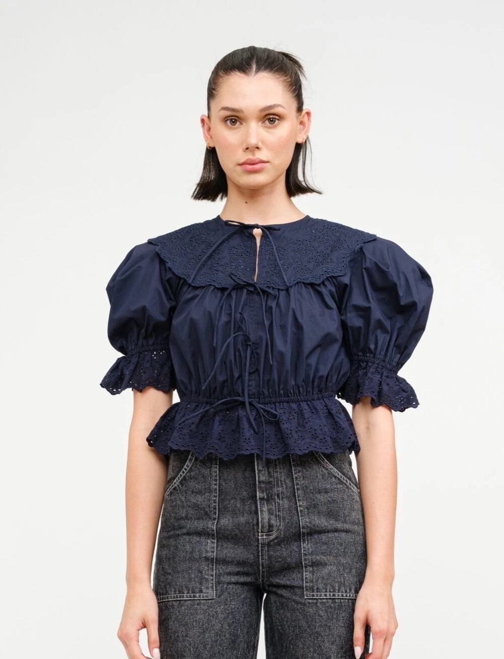 Sofie The Label Emi Navy Blue V-Neck Bow Tie Blouse Size M NWOT✨